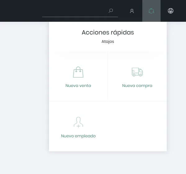 Desplegable de acciones rápidas con nueva venta, nueva compra y nuevo empleado