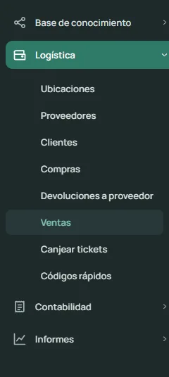 El menú lateral de un empleado, abierto con sus nombres: Logística desplegada con sus pantallas y Ventas resaltada