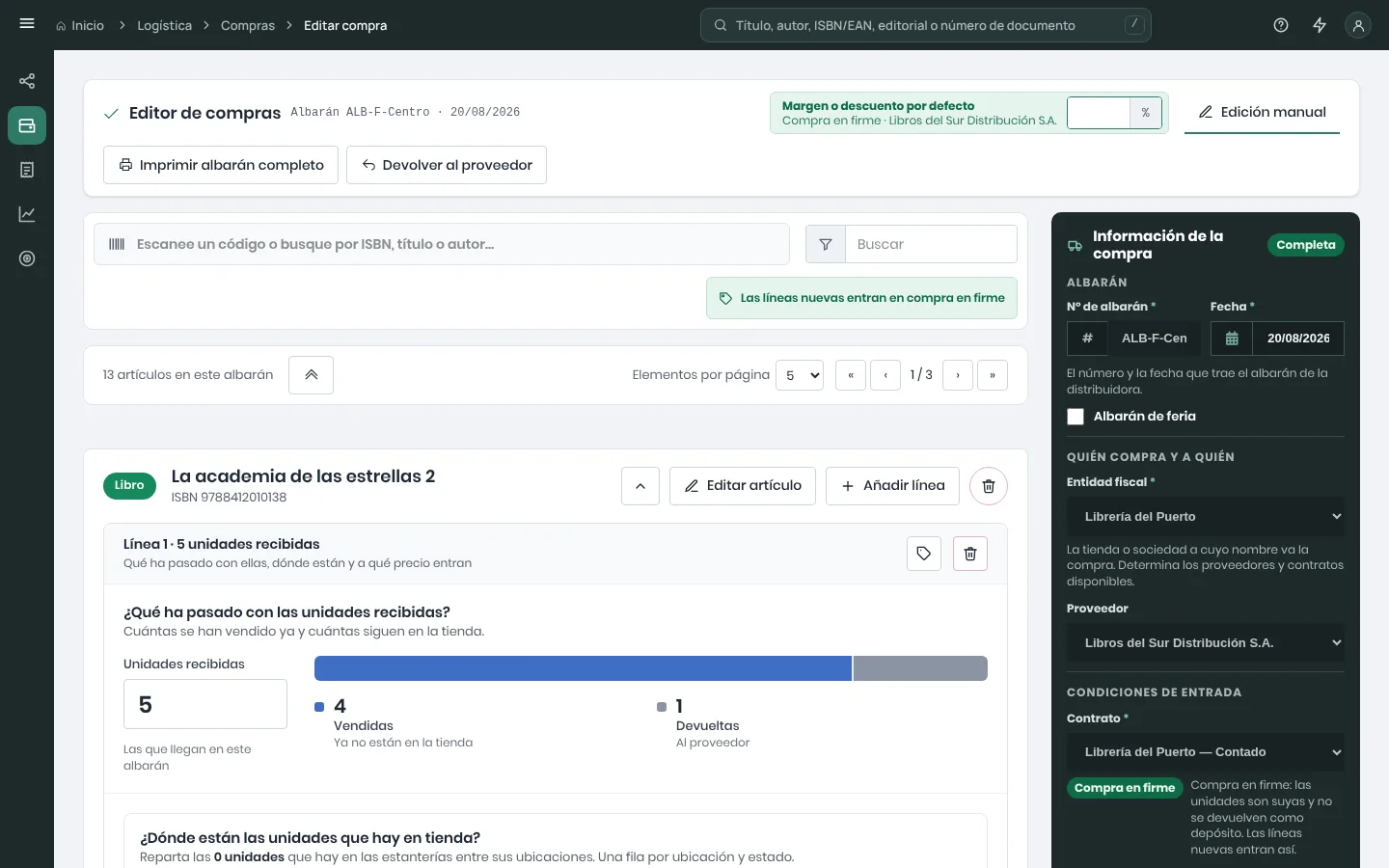 Compra guardada ALB-F-Centro abierta de nuevo con la barra de su primera línea, 4 vendidas y 1 devuelta, y los botones Imprimir albarán completo y Devolver al proveedor