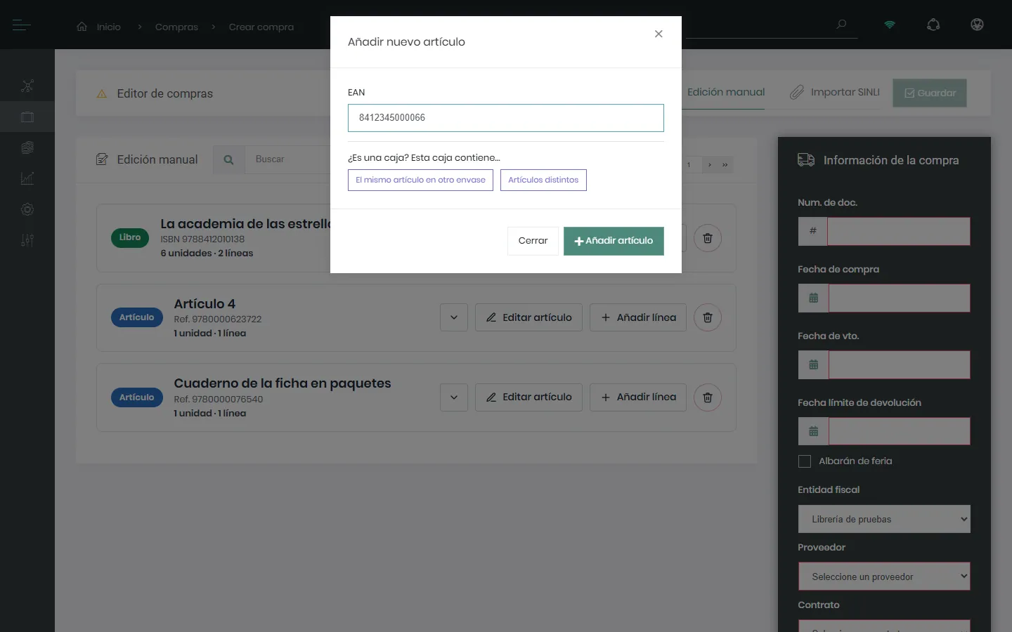 Diálogo Añadir artículo con un código que no existe, que ofrece crear el artículo o indicar qué contiene la caja