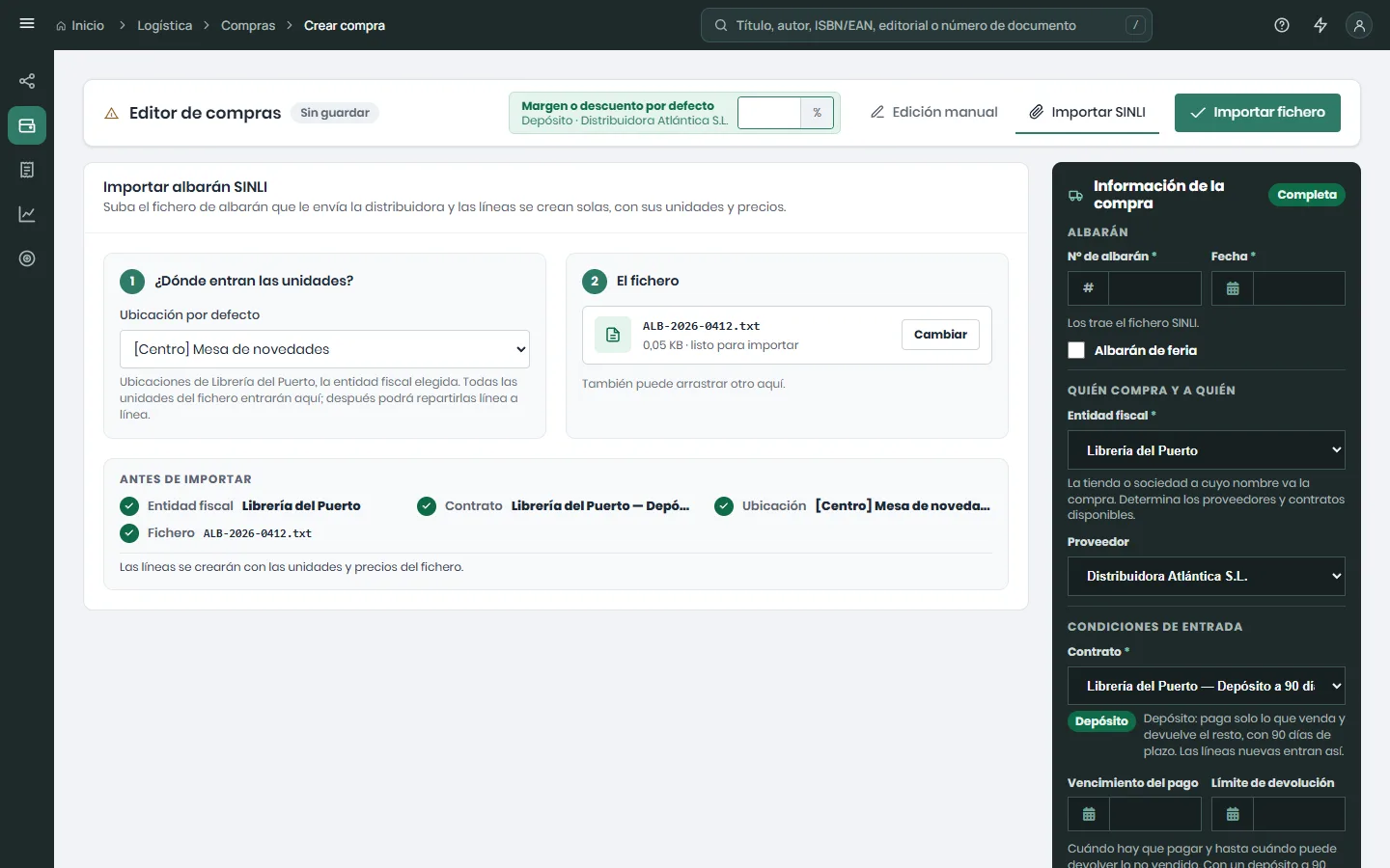 Panel Importar albarán SINLI con la ubicación por defecto, el fichero en su tarjeta listo para importar, la lista Antes de importar completa y el botón Importar fichero