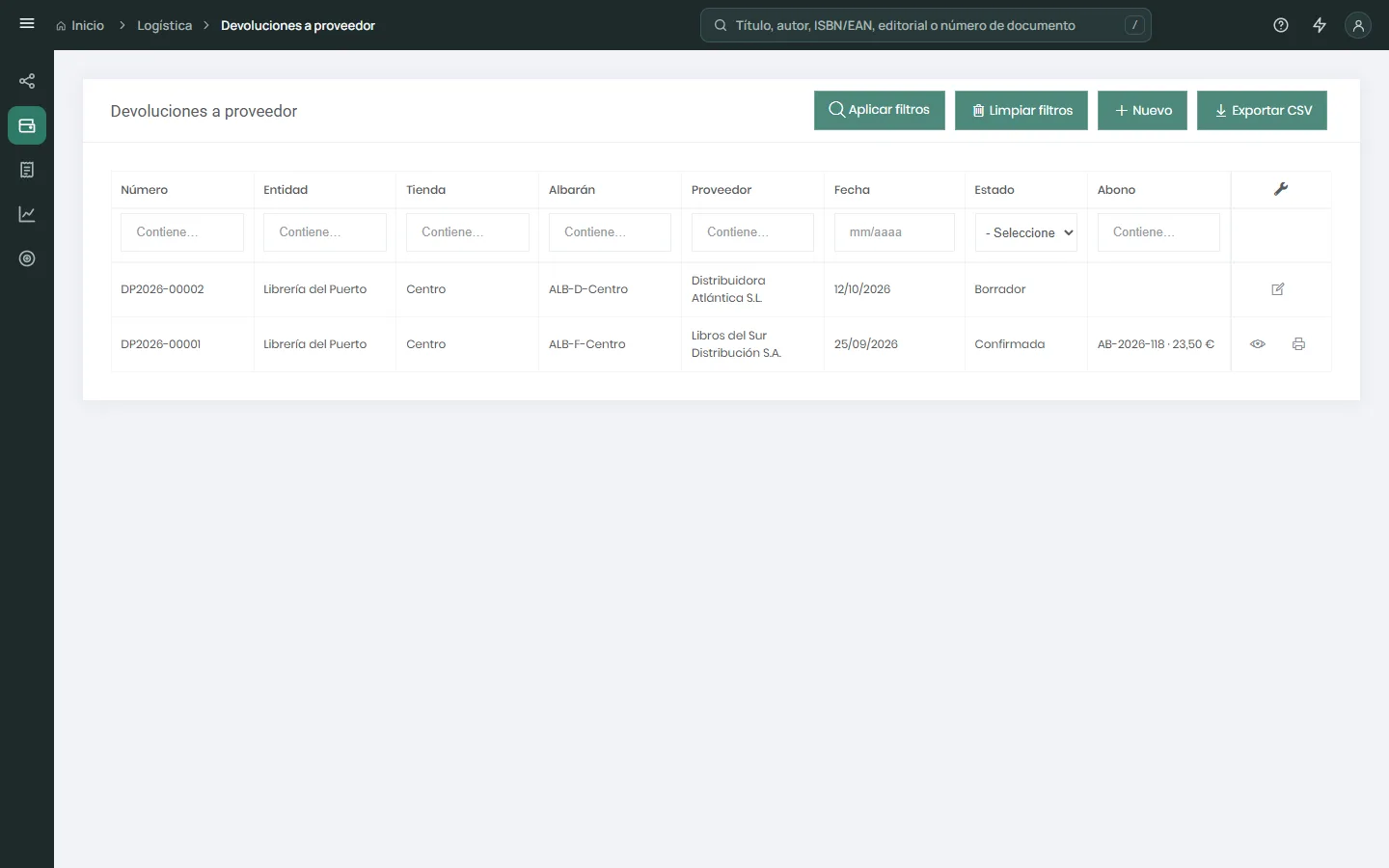 Listado de devoluciones a proveedor con el título y el filtro de cada columna, un borrador y una devolución confirmada con su abono registrado, y los botones Nuevo y Exportar CSV