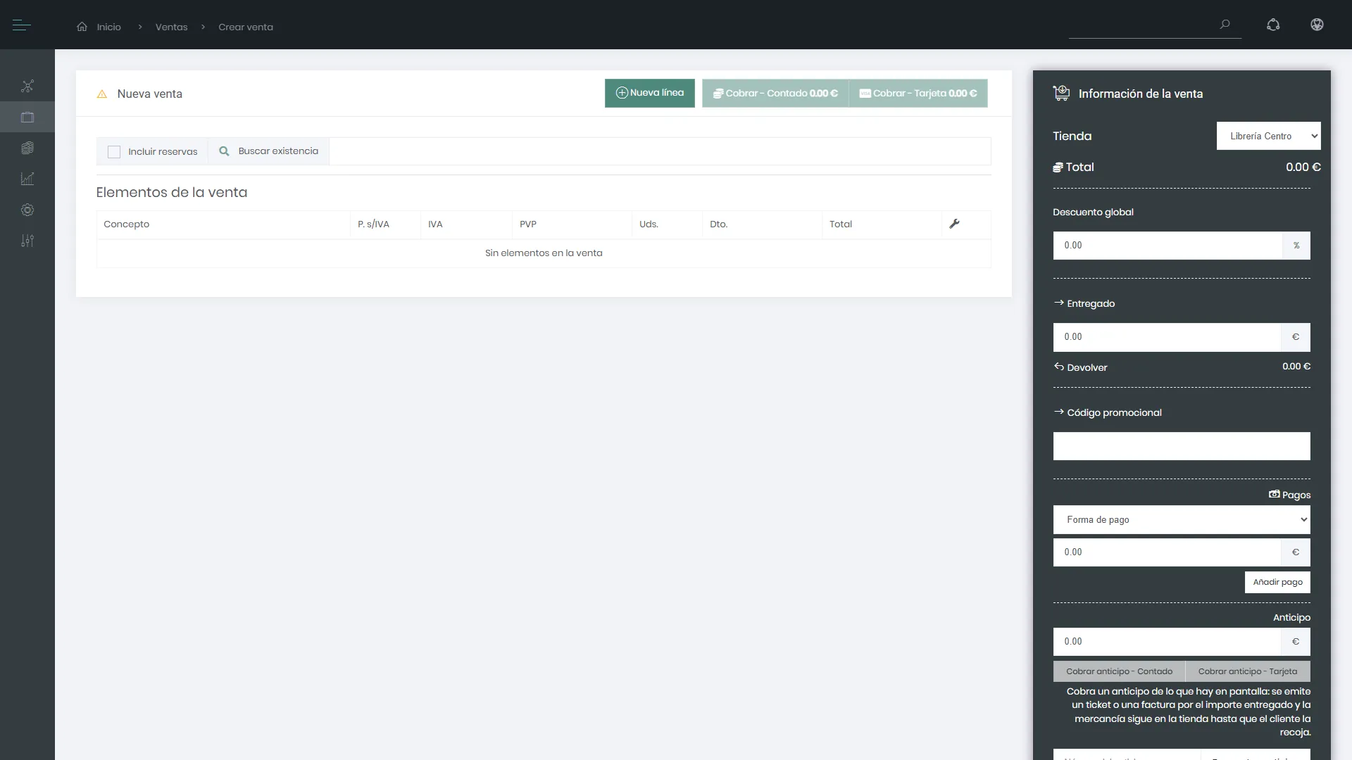Pantalla de venta vacía con el buscador a la izquierda y la información de la venta a la derecha