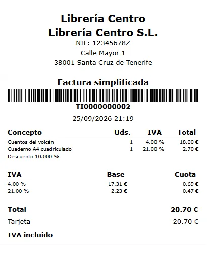 Ticket impreso de factura simplificada con datos de la librería, código de barras, líneas, desglose de IVA y total