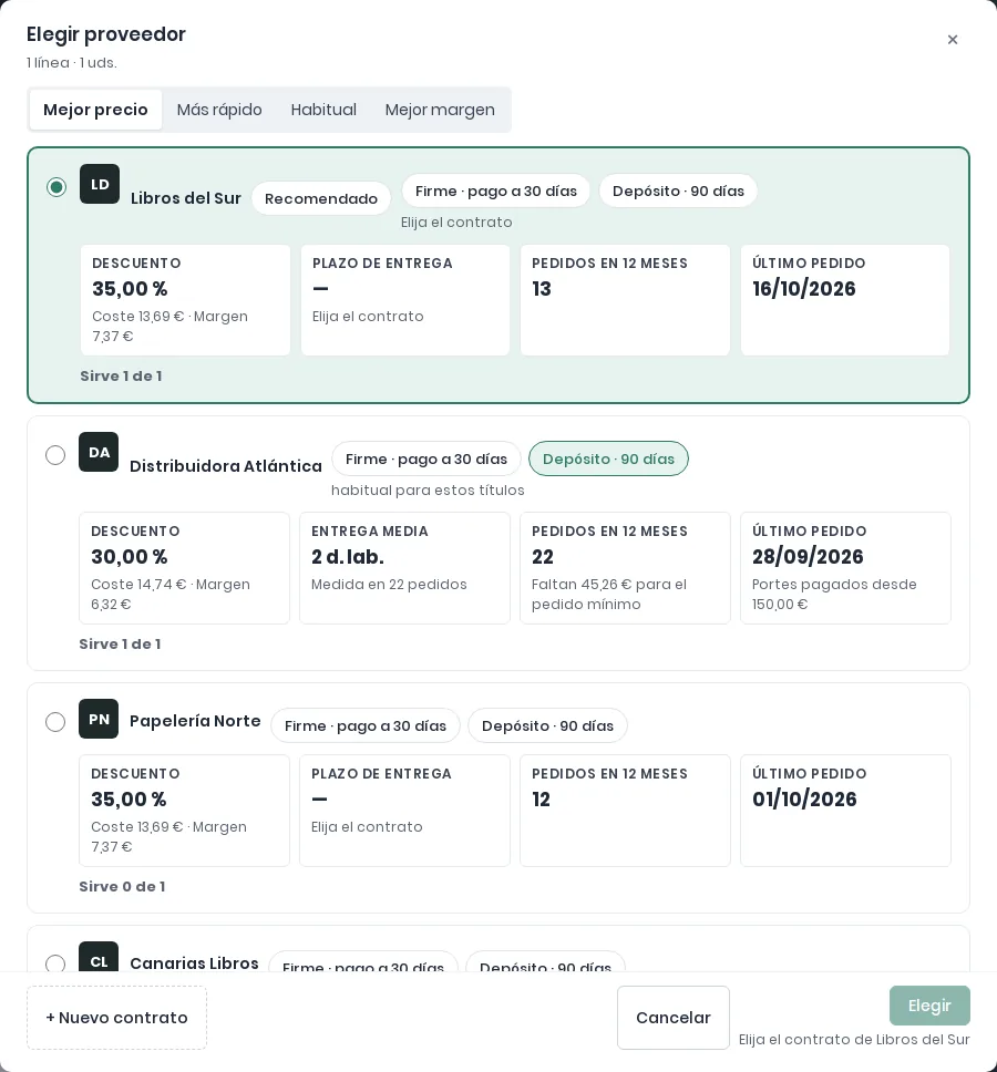 Diálogo Elegir proveedor con cada proveedor con contrato y sus cuatro recuadros de descuento, plazo, pedidos en 12 meses y último pedido, y uno marcado como Recomendado