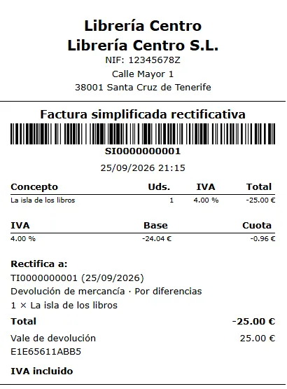 Justificante de la devolución: factura simplificada rectificativa con el importe en negativo y el código del vale
