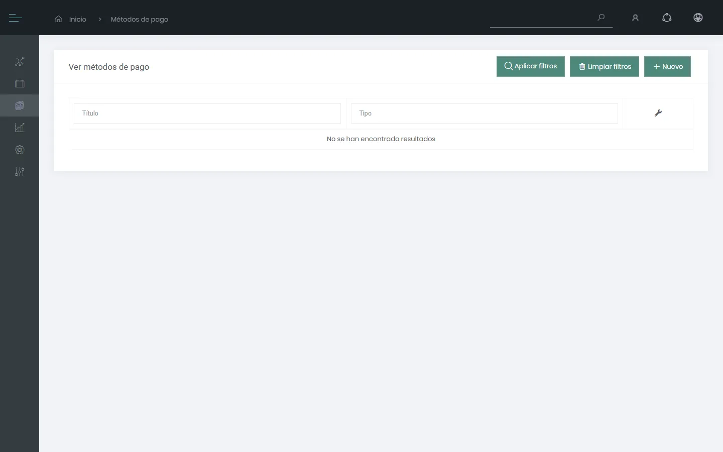 Listado de métodos de pago vacío en la instalación de ejemplo