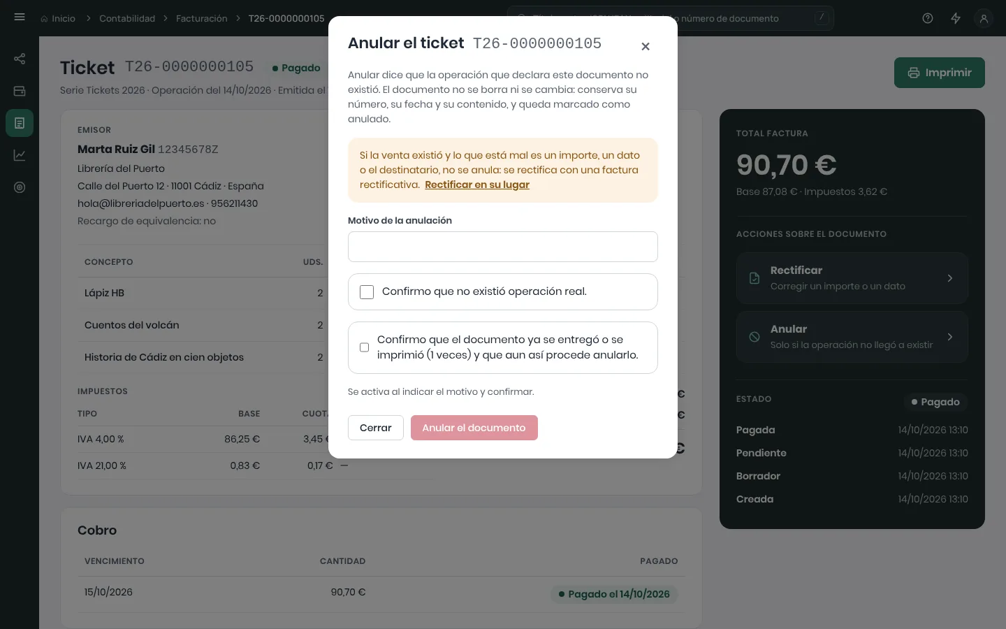 Diálogo Anular el ticket T26-0000000105 con la explicación, el enlace Rectificar en su lugar, el motivo de la anulación, la casilla de confirmación y el botón Anular el documento desactivado