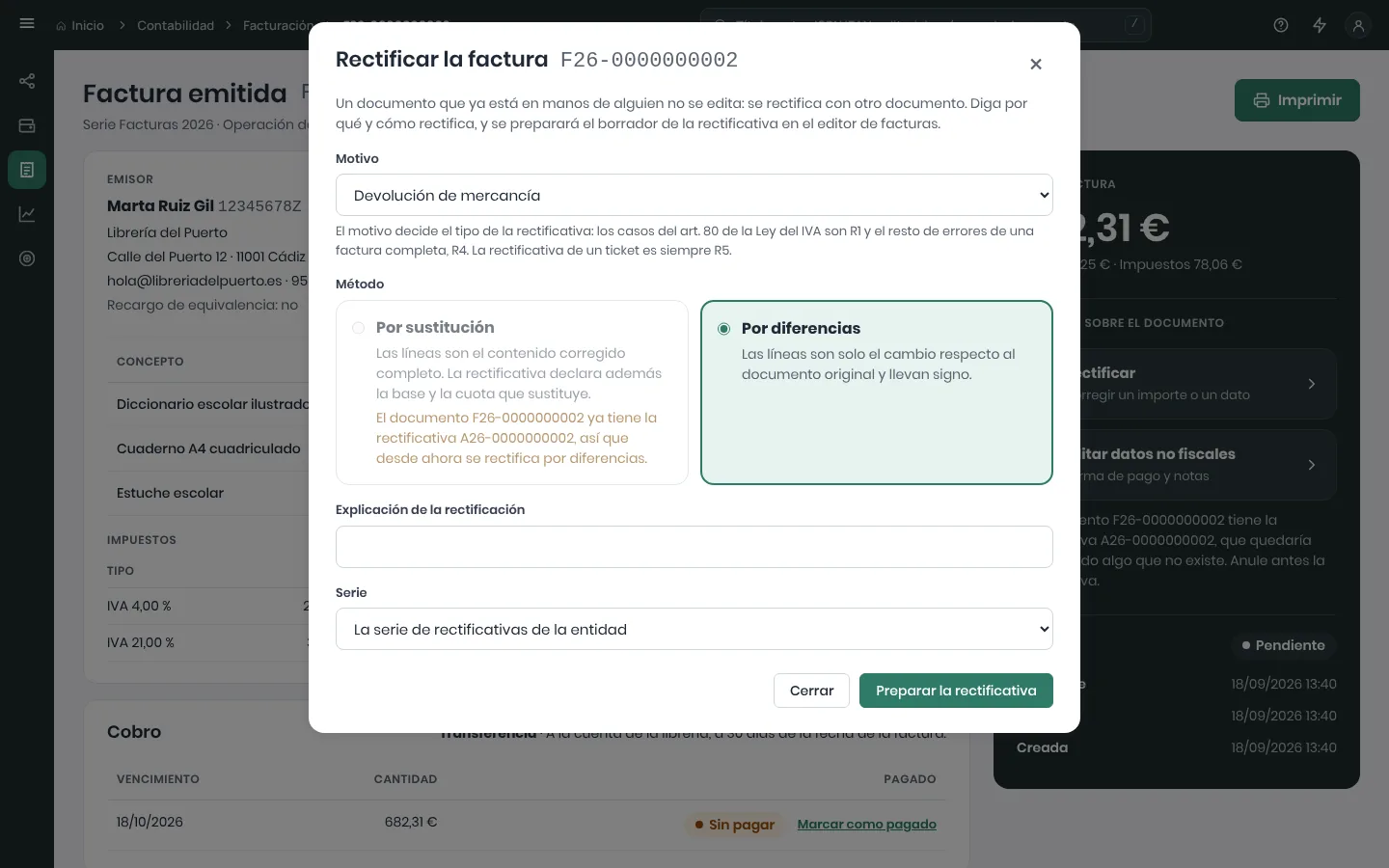Diálogo Rectificar la factura F26-0000000002 con el motivo, el método Por diferencias elegido y Por sustitución apagado porque la factura ya tiene una rectificativa, la explicación y la serie