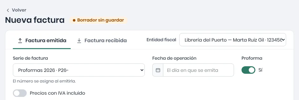 Cabecera del editor de facturas con Proforma activada y la serie Proformas 2026 elegida