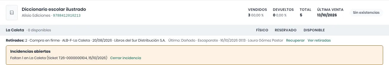 La ficha de un título vista por un empleado de La Caleta: el bloque de su tienda sin existencias, la línea Retirados con Recuperar y la incidencia abierta con Cerrar incidencia