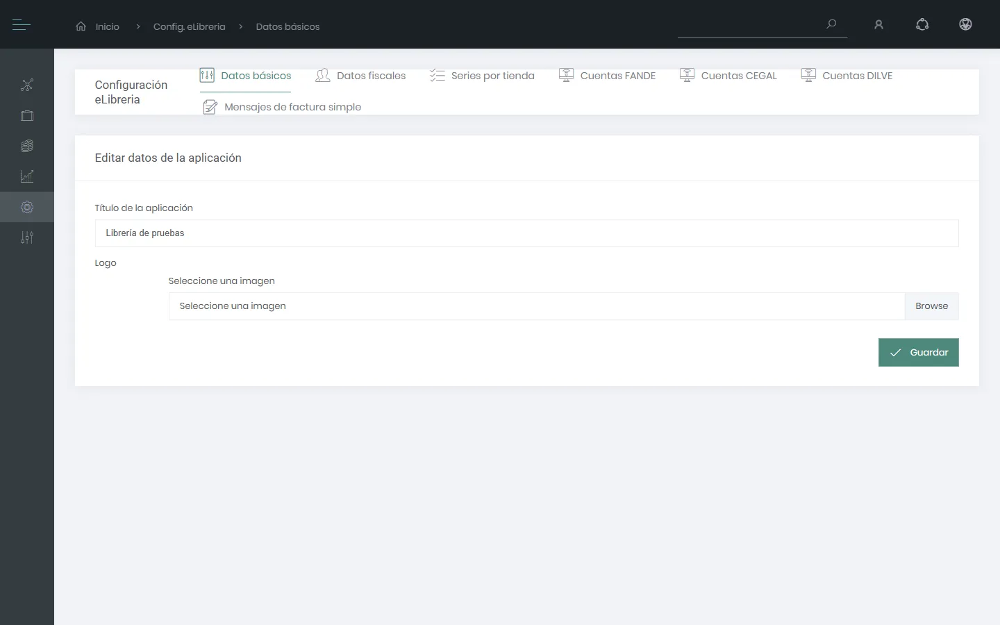 Pestaña Datos básicos de Configuración eLibreria con el título y el logotipo