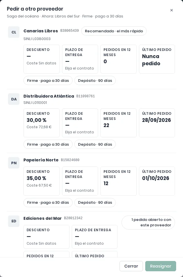 Diálogo Pedir a otro proveedor al reasignar una línea del encargo, con los demás proveedores y el más rápido recomendado, cada uno con sus cuatro recuadros
