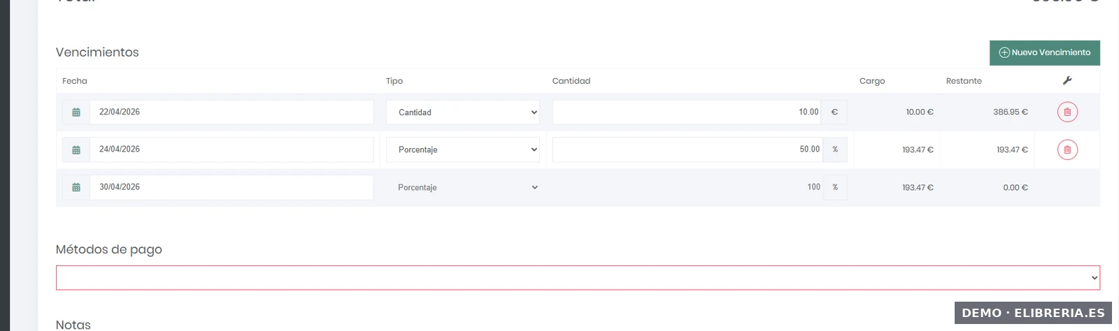 Tres vencimientos mixtos en una factura de eLibreria: 10€ a 15 días, 50% a 30 días y 50% a 60 días