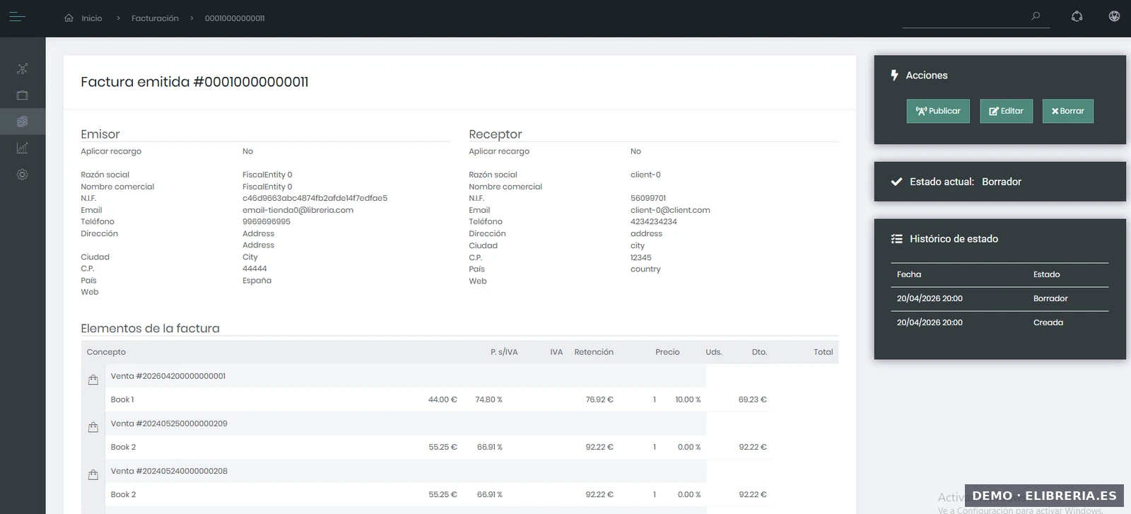 Factura en estado Borrador con acciones Editar y Eliminar en eLibreria