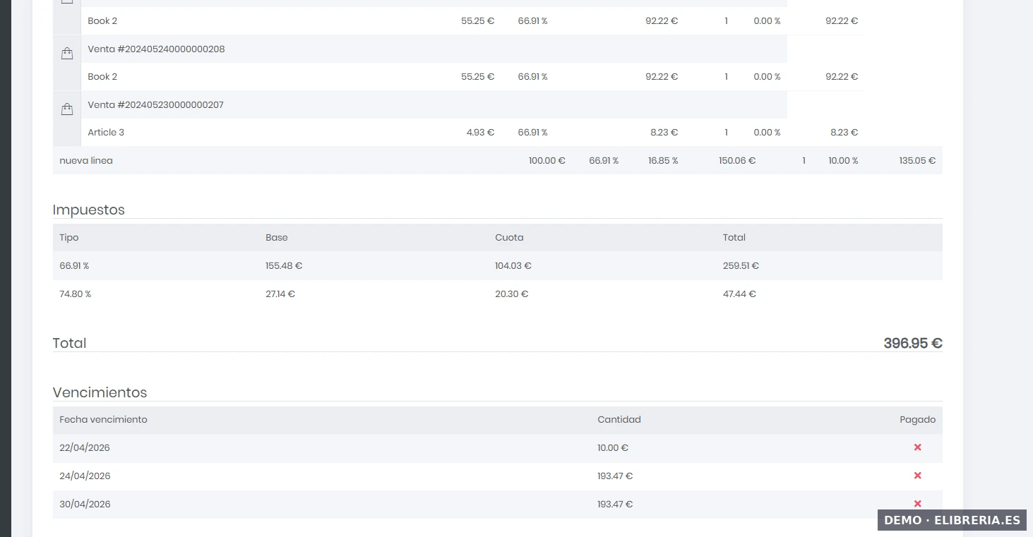 Desglose de impuestos y vencimientos en una factura de eLibreria