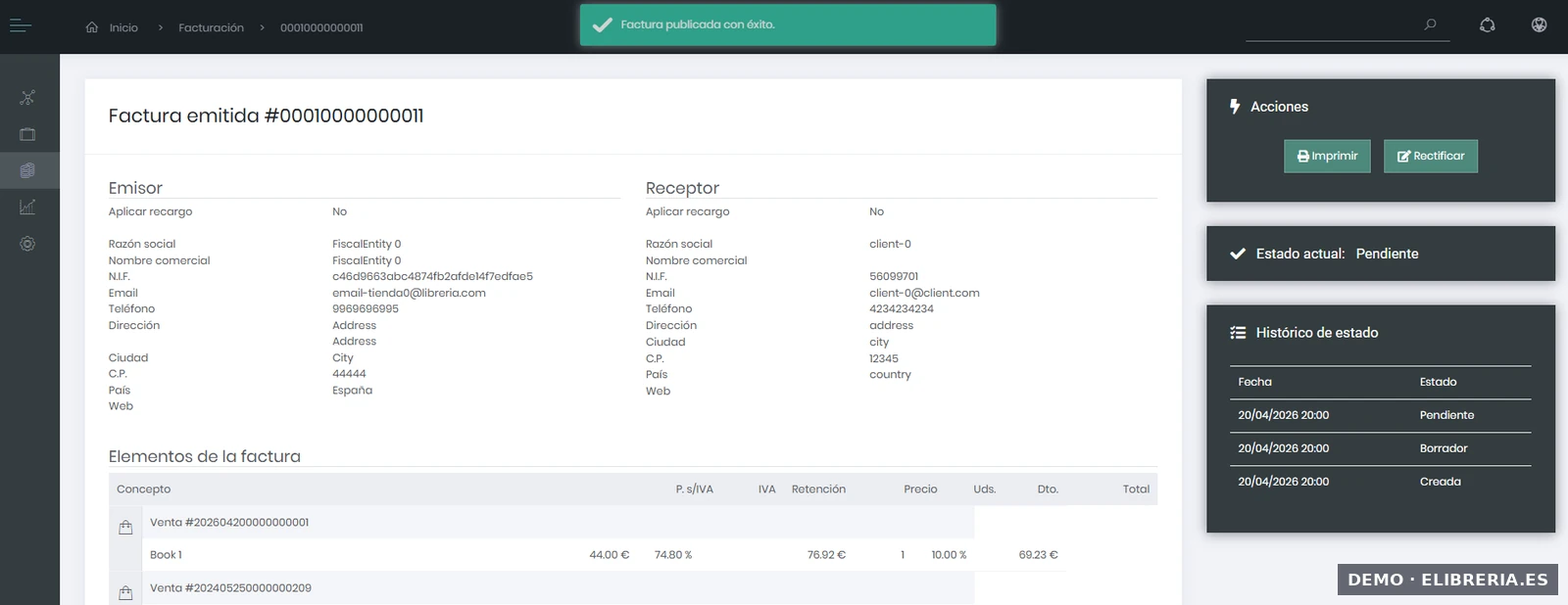 Factura publicada en eLibreria con estado Pendiente y acciones Imprimir y Rectificar