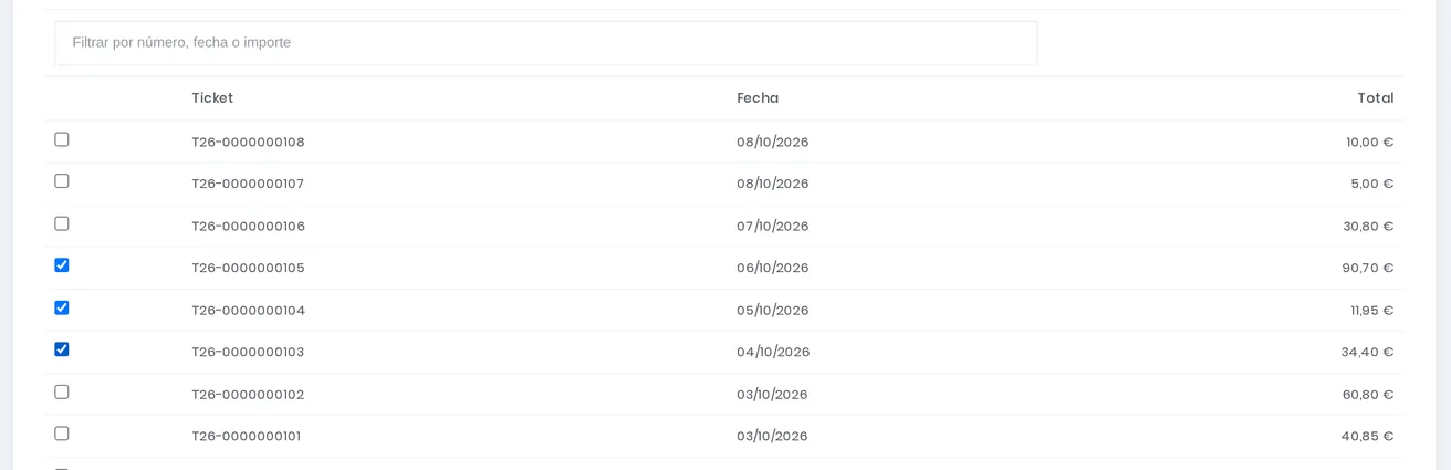 Pantalla Canjear tickets con la lista de tickets y tres de ellos marcados para canjearlos por una factura completa