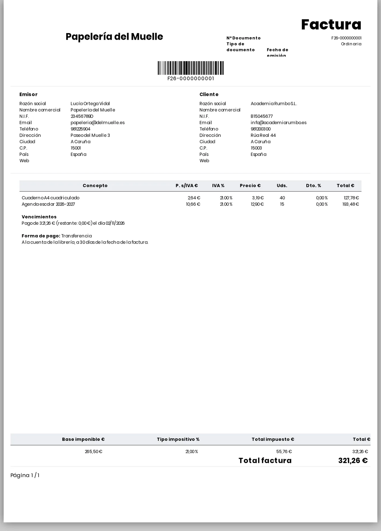 Factura F26-0000000001 en A4: emisor y cliente, código de barras con el número, líneas, vencimiento, forma de pago y totales con el IVA desglosado