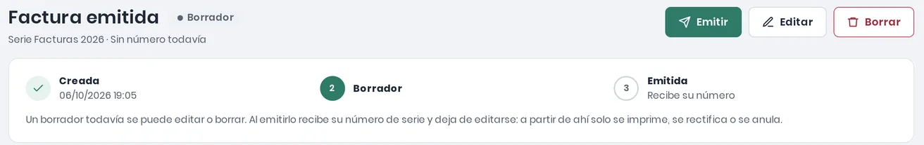 Factura en Borrador con las acciones Emitir, Editar y Borrar y el recorrido Creada, Borrador y Emitida: al emitirla recibe su número