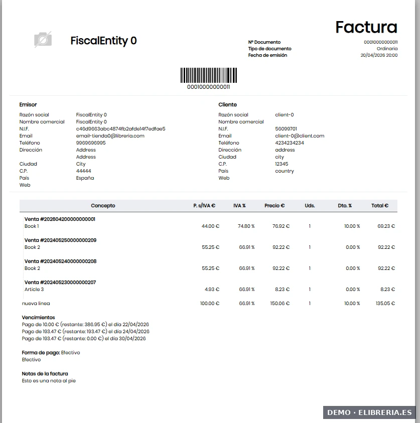 PDF A4 completo de una factura eLibreria con cabecera, líneas y subtotales