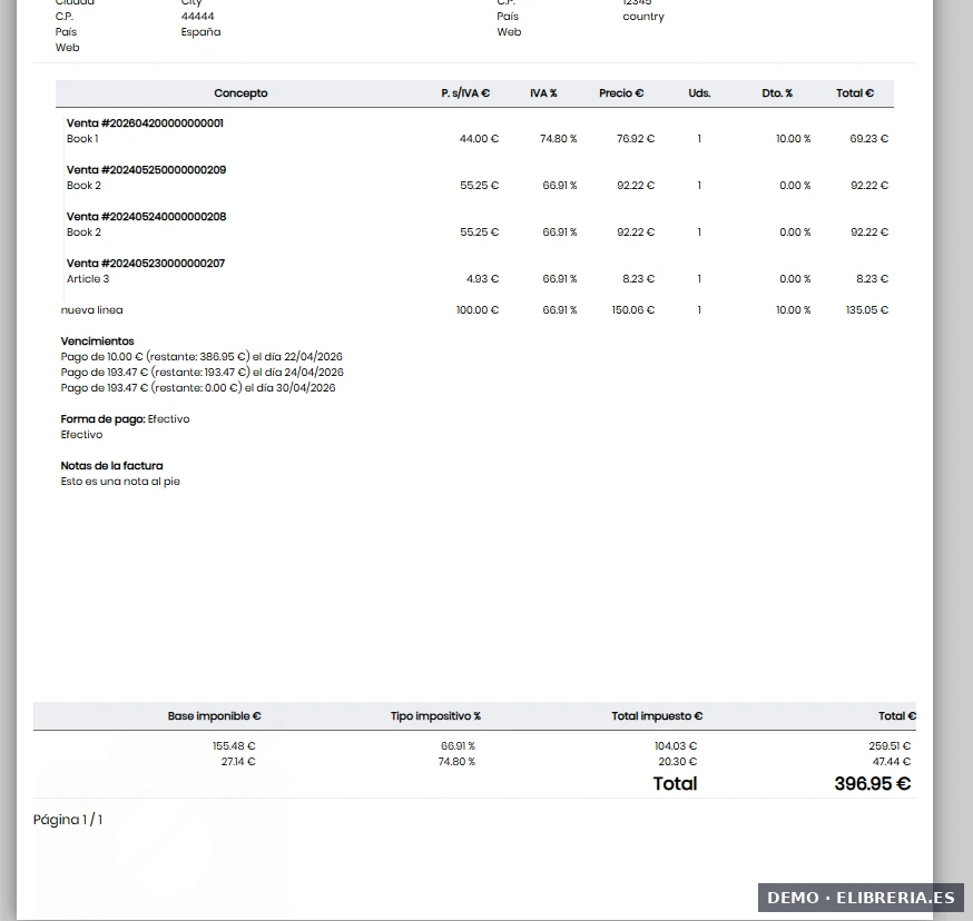 Pie de factura con subtotales, IVA desglosado, IRPF y código de barras Code 128