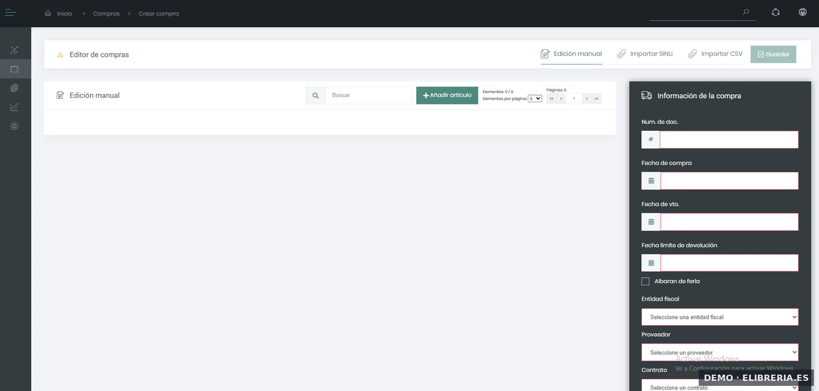 Alta manual de compra en eLibreria cuando la distribuidora no envía SINLI