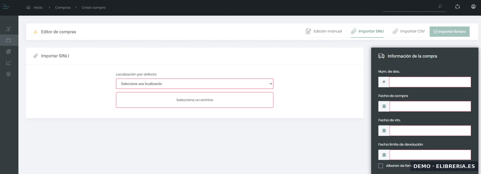 Importación SINLI en eLibreria: selector de archivo y localización por defecto