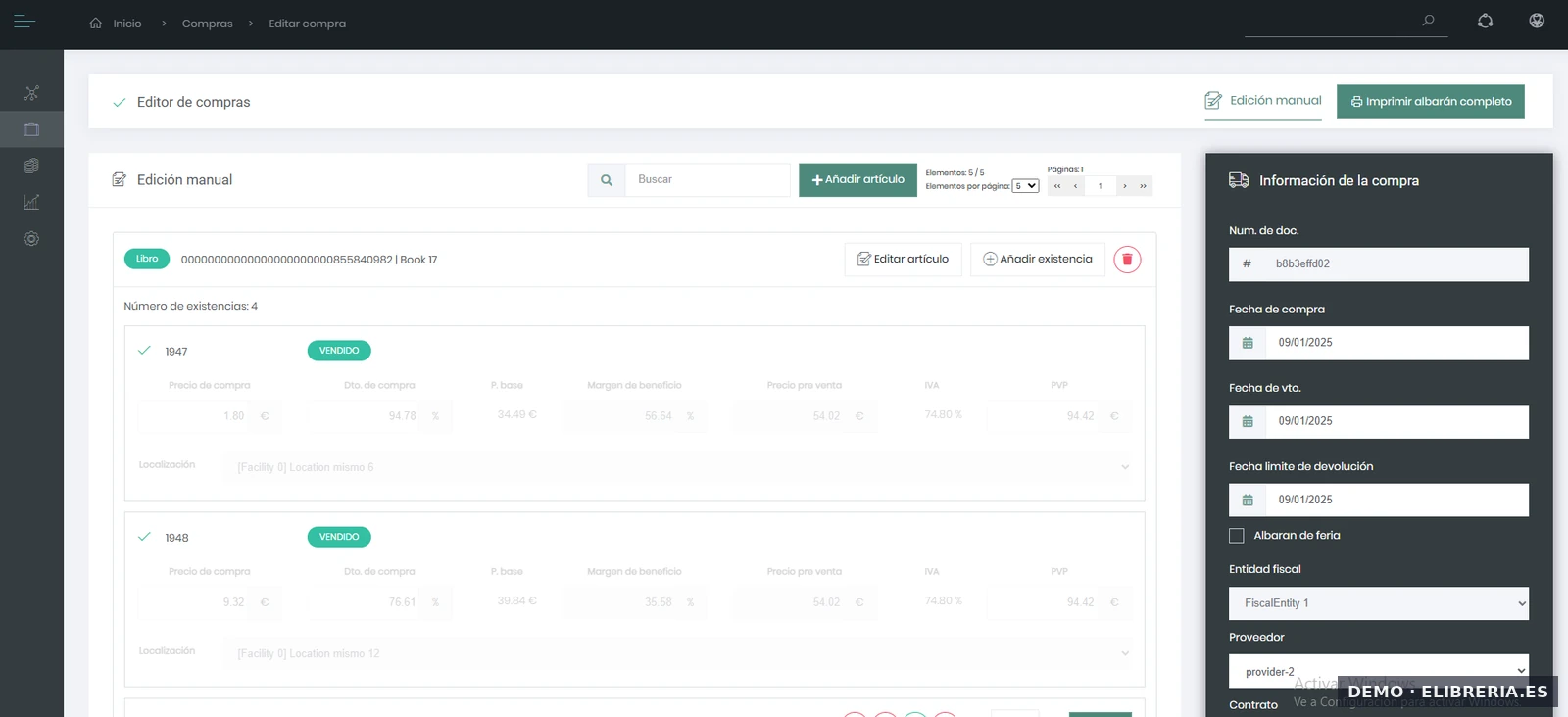 Albarán generado desde SINLI con todas las existencias e IVA, descuento y PVP calculados