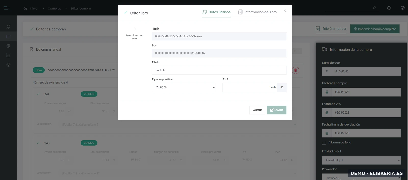 Modal de edición rápida de ficha de libro en eLibreria