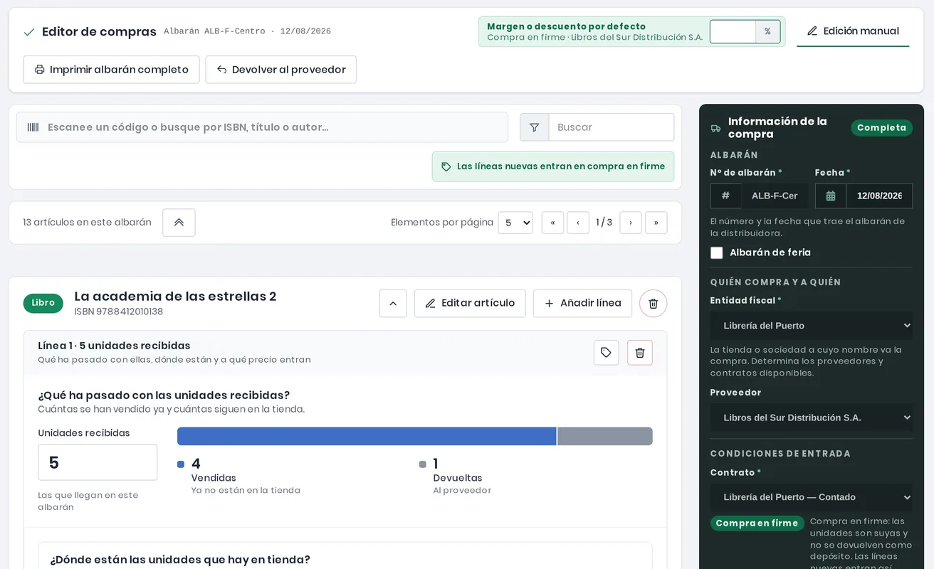 Editor de compras en Edición manual: buscador por ISBN, título o autor, y una línea de compra en firme con lo vendido y lo devuelto al proveedor, bajo el contrato de contado