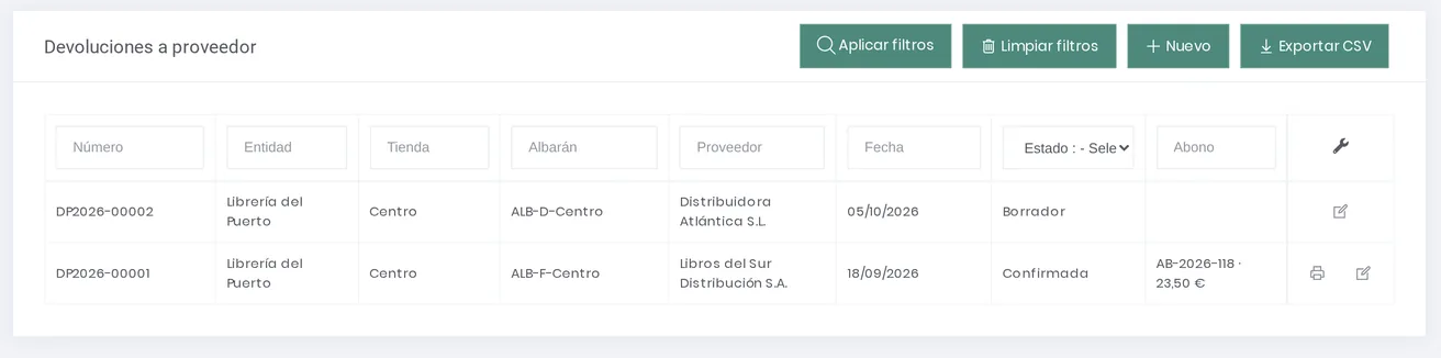Listado de devoluciones a proveedor: una en borrador y otra confirmada con su abono AB-2026-118 de 23,50 €