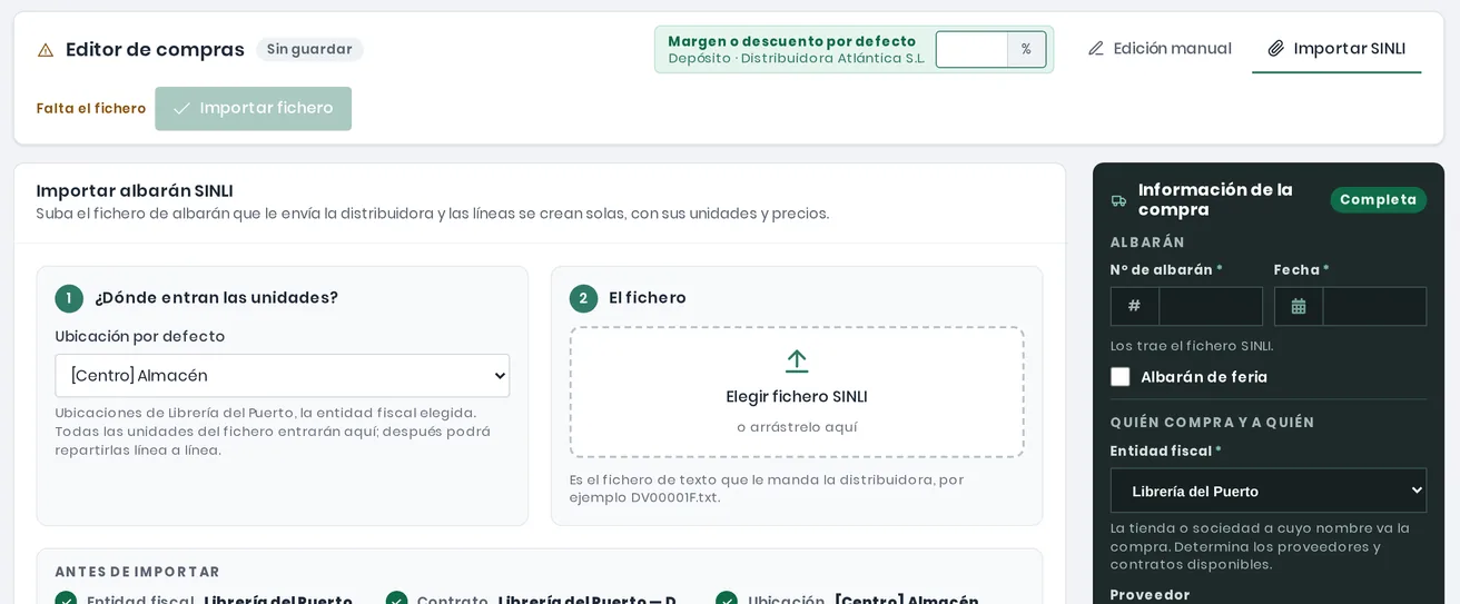 Importar SINLI en el editor de compras: paso 1, la ubicación por defecto donde entran las unidades; paso 2, el fichero de la distribuidora