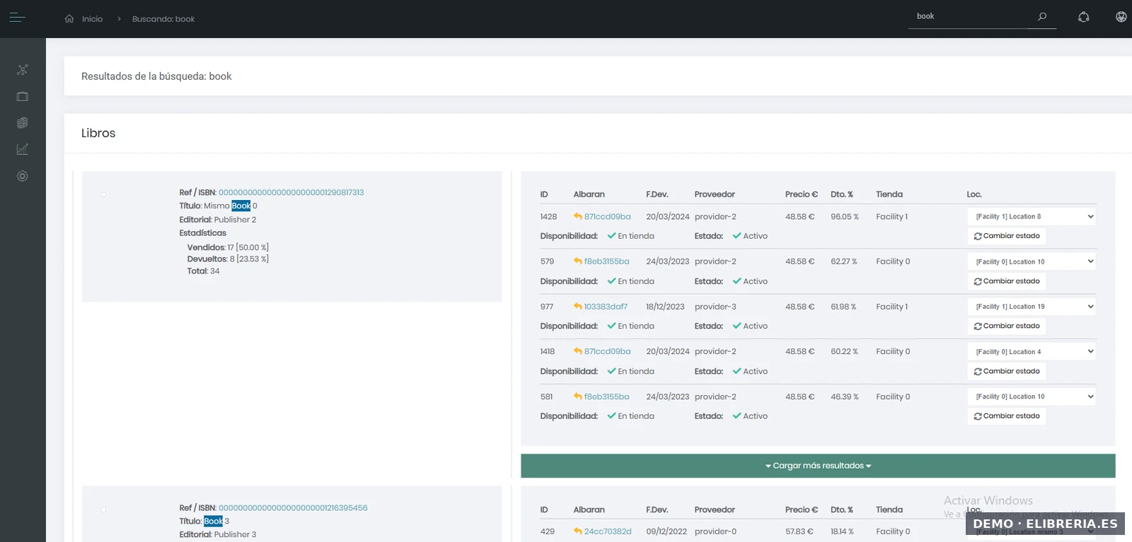 Búsqueda global por título en eLibreria mostrando vendidos, devueltos y disponibles