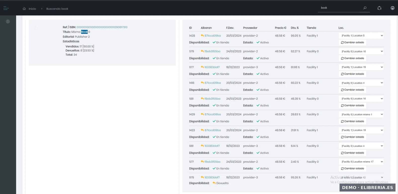 Historial completo de un libro en eLibreria con estadísticas de venta por período