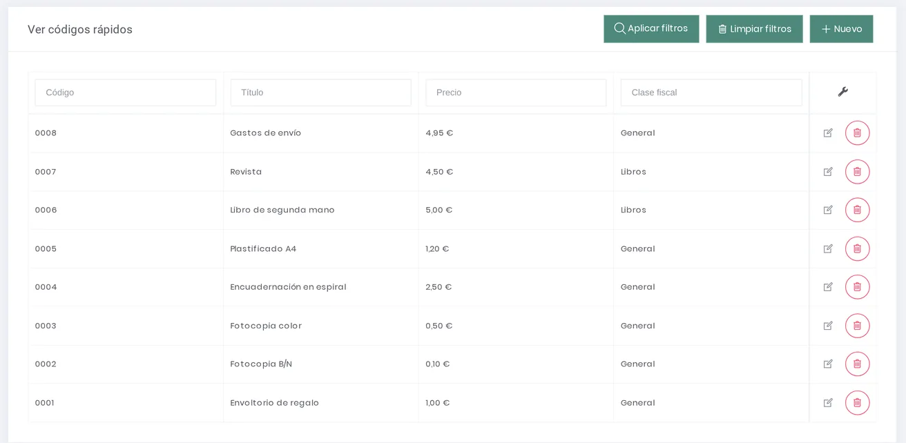 Listado de códigos rápidos con su código, título, precio y clase fiscal: envoltorio de regalo, fotocopias, encuadernación, plastificado, libro de segunda mano, revista y gastos de envío