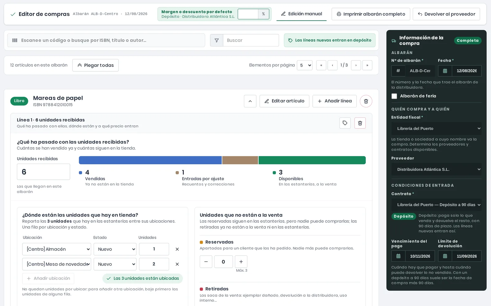 Editor de compras de eLibreria con el albarán de depósito ALB-D-Centro de Distribuidora Atlántica: de las 6 unidades recibidas de un título, 4 vendidas, 1 entrada por ajuste y 3 disponibles, junto a los datos del albarán, la entidad fiscal, el proveedor y el contrato de depósito a 90 días