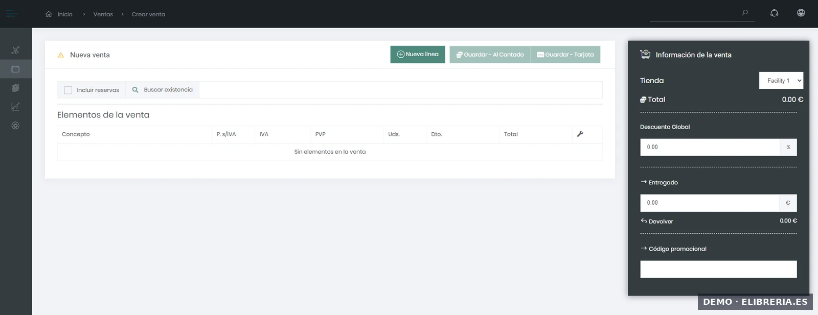 Pantalla del TPV para librerías de eLibreria con ticket en curso y panel lateral de métodos de pago