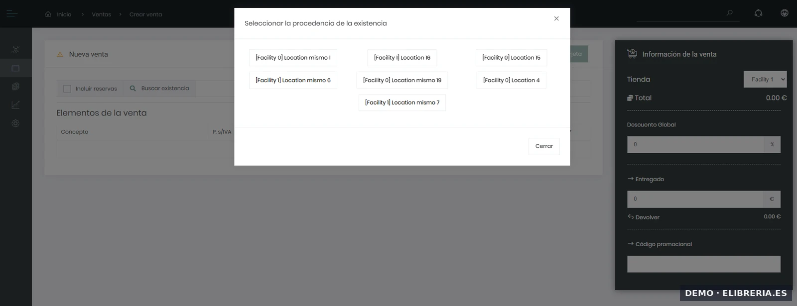 Selector de procedencia multi-local en el TPV de eLibreria — asigna el libro al stock del local correcto