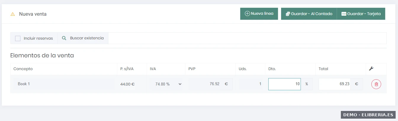 Venta con descuento aplicado por línea en el TPV de eLibreria