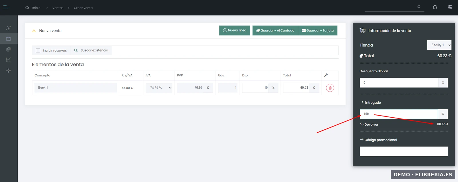 Cálculo automático de vuelta en el TPV de eLibreria con desglose del cambio