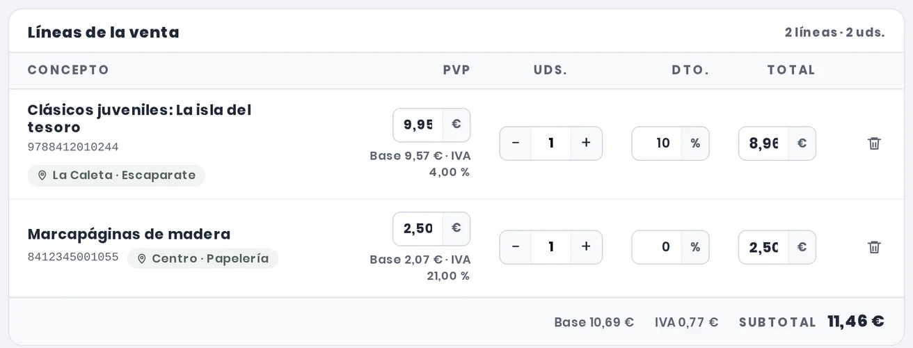 Líneas de una venta en el TPV de eLibreria con un 10 % de descuento en la primera: 9,95 € pasan a 8,96 €