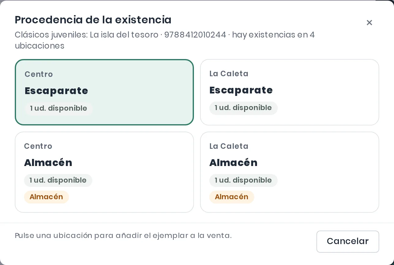 Diálogo Procedencia de la existencia del TPV: el mismo título disponible en cuatro ubicaciones de dos tiendas, escaparate y almacén de cada una, con la primera ya elegida